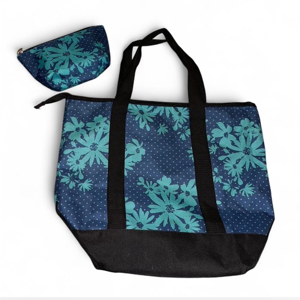 Floral Blue Tote Bag with Cosmetic Pouch